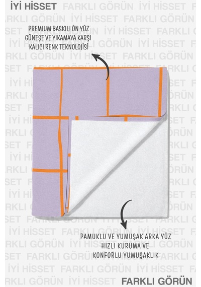 Ekose Kareli Lila Plaj Havlusu - Modern Geometrik Turuncu Çizgili Hızlı Kuruyan Mikrofiber Havlu Yağmur Çiçeği
