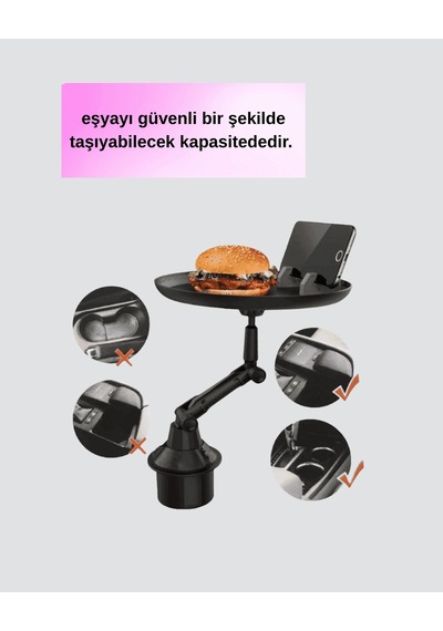 Araç Bardaklık Tepsisi 360 Döner Geniş Yemek Alanlı Telefon Standlı 0