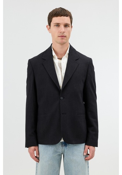 Antioch Keten Karışımlı Balıksırtı Desenli Erkek Blazer Ceket Siyah