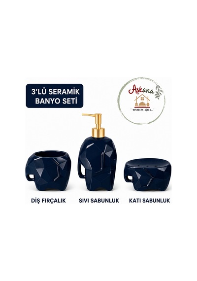 3 Lü Seramik Fil Figürlü Lacivert Dekoratif Banyo Seti,diş Fırçalık+sıvı Sabunluk+katı Sabunluk Gece Mavisi Laciverti