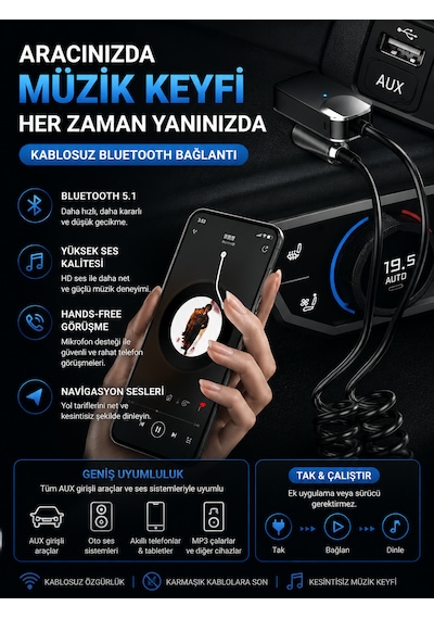 5.1 Aux Araç Kiti Bluetooth Çevirici Adaptör 3.5mm Jack Tak Çalıştır Kablosuz Müzik Alıcı 10m
