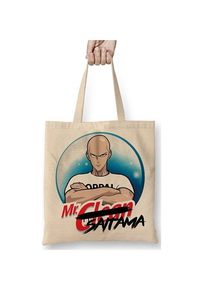 Toyaso One Punch Man Saitama Bez Çanta Uzun Saplı Alışveriş Çantası Plaj Çantası Beyaz