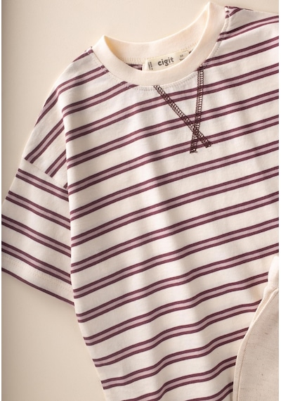Cigit Oversize T-shirt Geniş Kesim Pantolon Takım 2-10 Yaş Mürdüm Çizgili