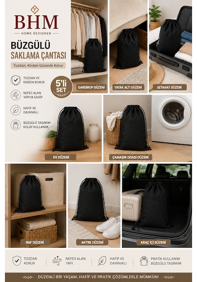5'li Büzgülü Saklama Çantası 35x45 Cm Nefes Alan Ayakkabı Kılıfı Toz Koruyucu Organizer Siyah