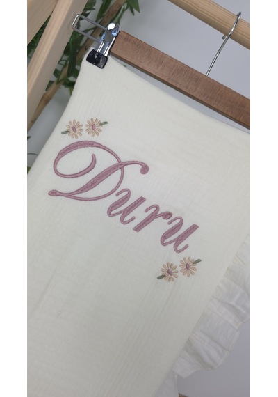 Gros Shop Müslin Yeni Doğan 4katlı Organik %100pamuk Kişiye Özgü Nakışlı Hastane Çıkış Seti Papatya Model-5 Ekru