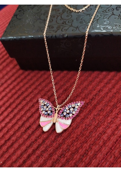 Modahilye - 925 Ayar Gümüş Pembe Kelebek Nazar Boncuklu Rozegold Renk Kolye Rose Gold