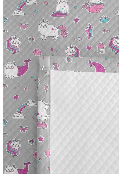 Evimde Bambaşka Gri Unicorn Kız Çocuk Pike Takımı - Pastel Pembe Mint Bebek Odası Mevsimlik Yatak Örtüsü-160x220  CM