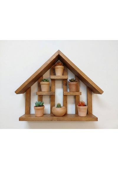 Ahşap Ev Tasarım Dekoratif Duvar Rafı - Sukulent Ve Mini Çiçek Rafı 40x30 Cm Bordo