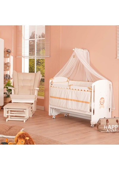 Meltem Kids Sweet Lion Anne Yanı Ahşap Sallanır Beşik 60x120 Cm Beyaz-lion Beyaz