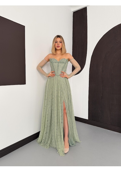Livanomi Bolerolu İşlemeli Mint Yeşili Dantelli Abiye