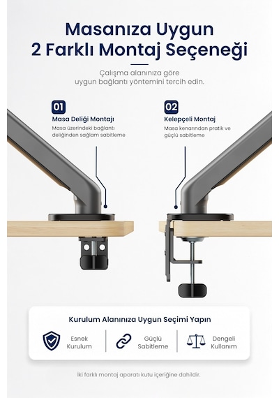 17-34" Lynx Series Gaz Pistonlu Monitör Kolu 10 Kg Kaldırma Vesa Uyumlu Stand Grey