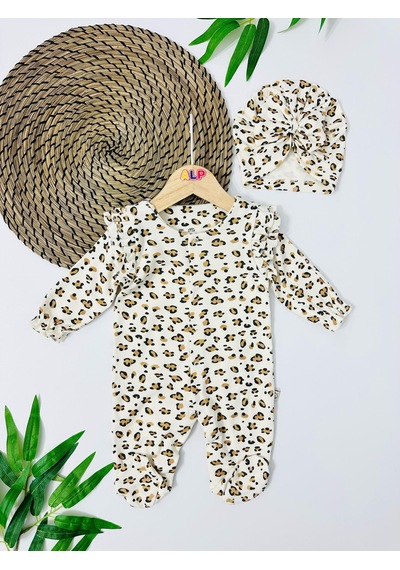 Alpbebe Malawi Boneli Leopar Desen Önden Komple Çıtçıtlı Mevsimlik Tulum Set - Krem Krem
