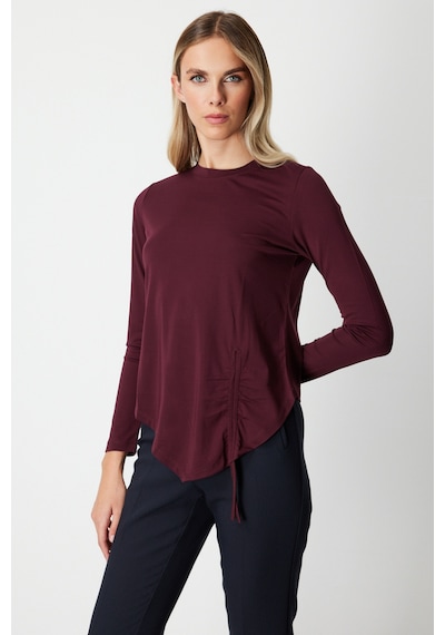 On Fashion On Asimetrik Kesim Yanı İpli Büzgülü Detaylı Sıfır Yaka Bluz Bordo