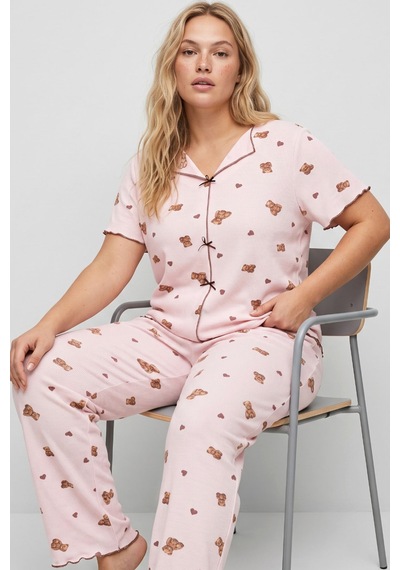 Siyah İnci Beden Fitilli Kaşkorse Örme Pijama Takım26120851 Pembe Ayıcık