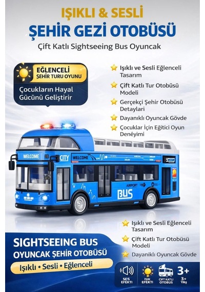 Sesli Işıklı Sürtmeli Büyük Boy Eğitici Oyuncak Araba Gezi Otobüsü Mavi