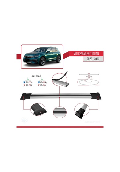 Volkswagen Tiguan 2020-2023 Arası İle Uyumlu Fly Model Ara Atkı Tavan Barı Gri 3 Adet Bar