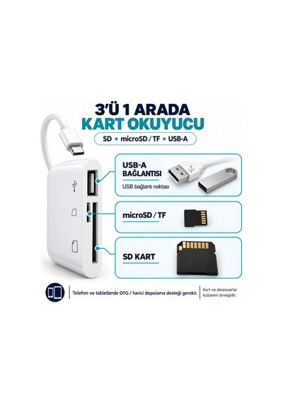 Usb Type-c 3in1 Micro Sd Tf Hafıza Kartı Okuyucu Usb Çevirici Kamera Macbook Matebook