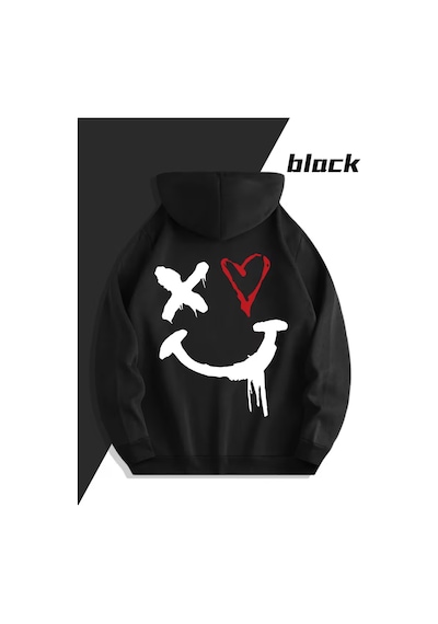Nevermind Sevgili Çift Kombin Hoodie Yüz Kalp Baskılı Oversize Kapüşonlu Sw Siyah