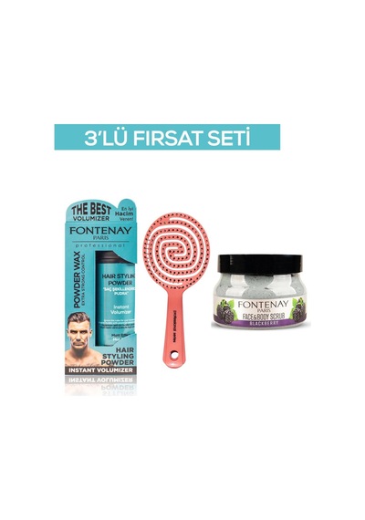 Fontenay Pudra Toz Wax Mavi 20gr + 3 Boyutlu Saç Fırçası+ Faceand Body Scrub Böğürtlen 350ml 3'lüset