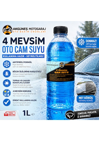 Akgüneş Motogaraj 1 Lt 4 Mevsim Antifrizli Oto Cam Suyu - Kullanıma Hazır, Seyreltilmez, Böcek Ve Çamur Temizleyici, Donmaya Karşı Koruma