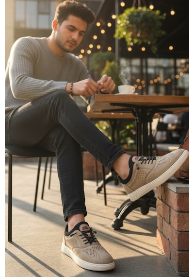 Enoch Hakiki Deri Lazer Kesim Dikişli Erkek Sneaker Ortopedik Taban Bej
