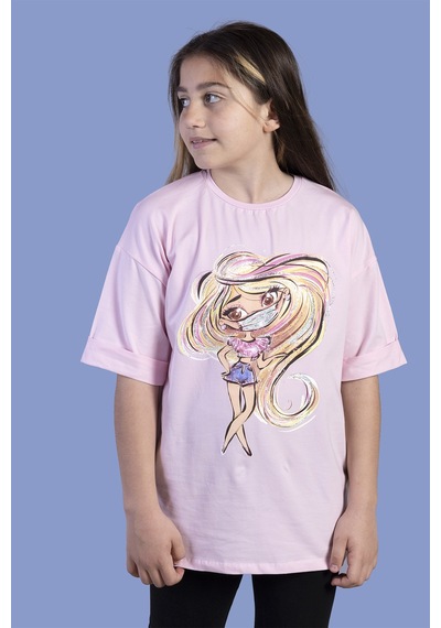 Toontoy Kids Toontoy Kız Çocuk Baskılı Düşük Kol Tişört Açık Pembe
