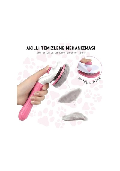 Kendini Temizleyen Kedi Köpek Tarağı - Basma Tuşu Mekanizmalı Otomatik Temizlenen Tüy Toplama Fırçası - Cilt Dostu Çelik İğne - Kaymaz Ergonomik Sap - Uzun Kısa Tüyler İçin - Pembe