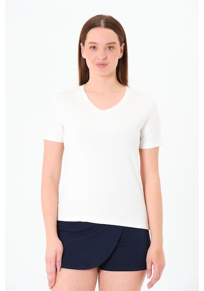 Sortie Collection V Yaka Premium Modal Kumaş Basic Tişört - Ekru