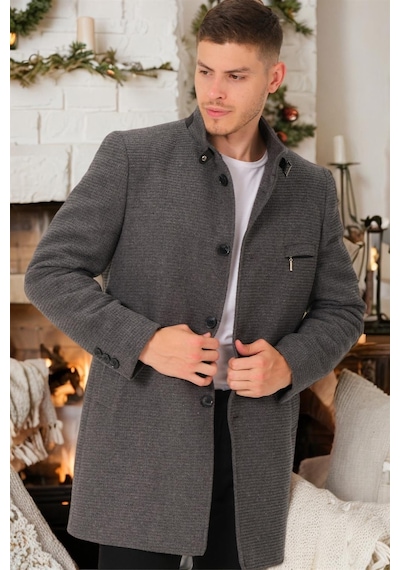 Plt8367 Dewberry Erkek Palto-Düz Açık Gri-Düz Açık Gri