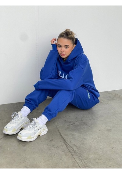 Ellore Eşofman Takımı Sweatshirt Jogger - Sax Mavi Baskılı Oversize Şardonlu Kapüşonlu Saks Mavi