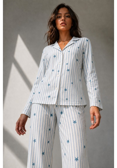 Kadın Uzun Kol Pamuklu Mavi Pijama Takımı