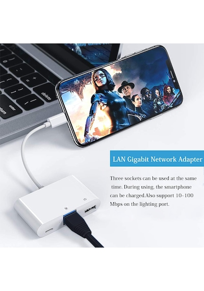 Kb-10 Apple iPhone Uyumlu Lightning 3ın1 Ethernet Rj45 Ve Usb Kamera Adaptörü