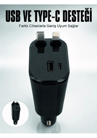 Araç Çakmaklık Şarj Cihazı 120w Type-c & Lightning Kablolu Çoklu Hızlı Şarj İstasyonu