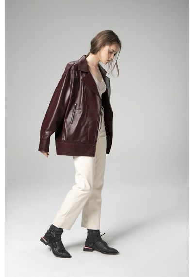 Dericlub Wm019 Oversize Biker Hakiki Deri Kadın Mont Bordo Bordo