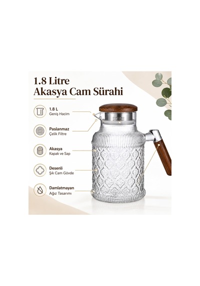 Lexroo 1.8 Litre Akasya Kapaklı Cam Sürahi Isıya Dayanıklı & Şık Tasarım