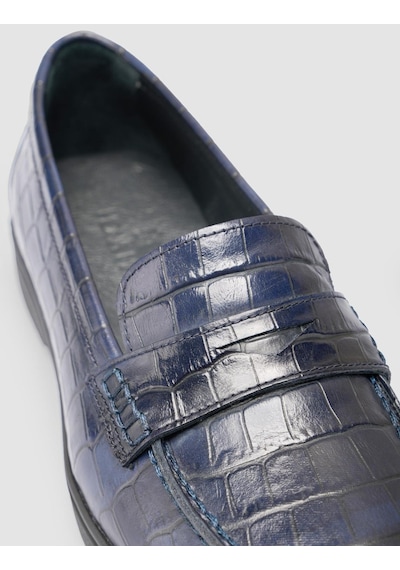 %100 Hakiki Deri Lacivert Croco Desen Kadın Loafer Lacivert