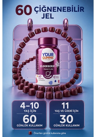 Y'our Gummie Elderberry Kara Mürver C Vitamini ve Çinko 60 Çiğnenebilir Jel