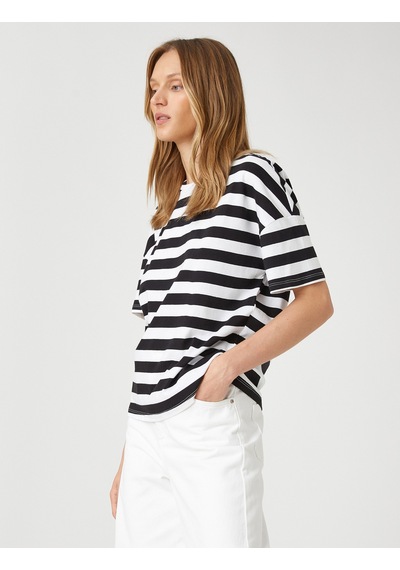 Koton Relax Fit Tişört Kısa Reglan Kollu Pamuklu Siyah Çizgili 1yap13207ek Siyah