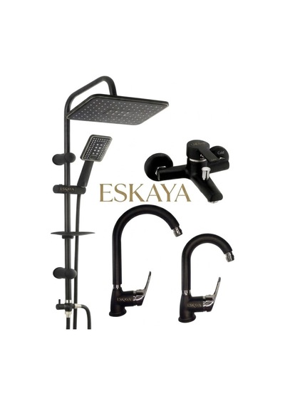 Eskaya Siyah Krom 4lü Full Set Robot Duş Banyo Bataryası Banyo Lavabo Ve Mutfak Eviye Musluğu Diğer