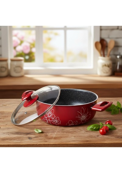Lotus 22 Cm Derin Tencere - Kırmızı Üzeri Beyaz Çiçek Desenli Cam Kapaklı