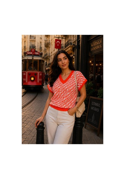 Hira Life Fashion Sfg Life Moda Kadın V Yaka Kare Desenli Şık Süveter Turuncu Turuncu