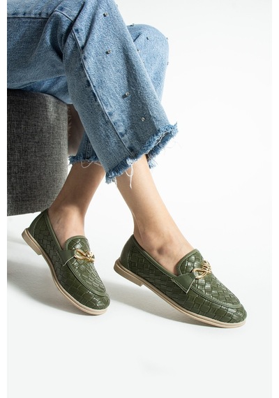 Lebibe Shoes Maby Kadın Haki Örgü Dokulu Zincir Detaylı Loafer Düz Ayakkabı Babet