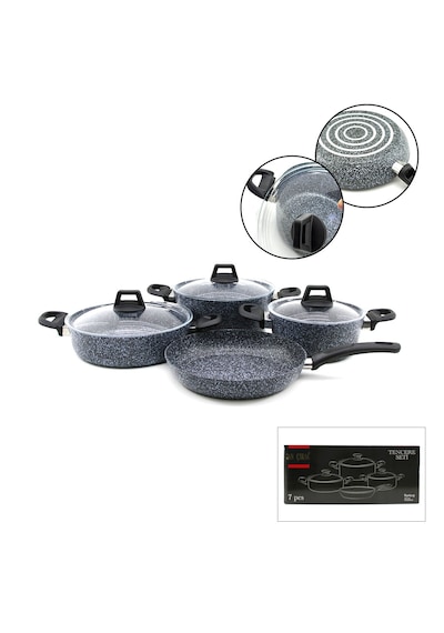 Gri 7 Parça Granit Tencere - Tava Seti 20-24cm Derin - 27cm Basık Cam Kapak Tencere - 26cm Tava Çok Renkli