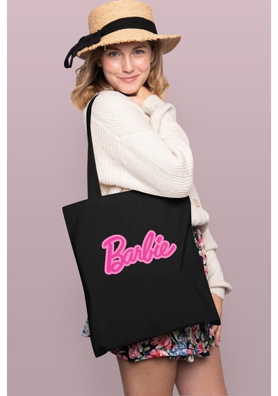 Brz Collection Barbie Baskılı Tote Bag Gabardin Çanta - Siyah