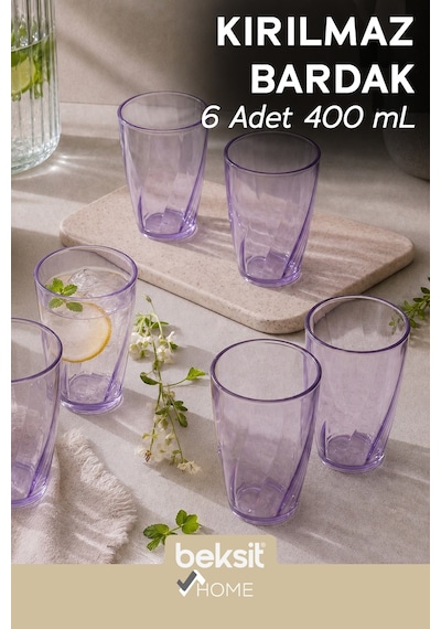 Home Glassy Kırılmaz Polikarbon 6'lı Bardak Lila 400 Ml Lila Lila