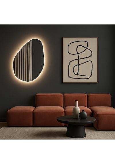 40x58 Cm Modern Asimetrik Led Ayna Dokunmatik, Dim Edilebilir, 3000k Günışığı Banyo Aynası Sarı