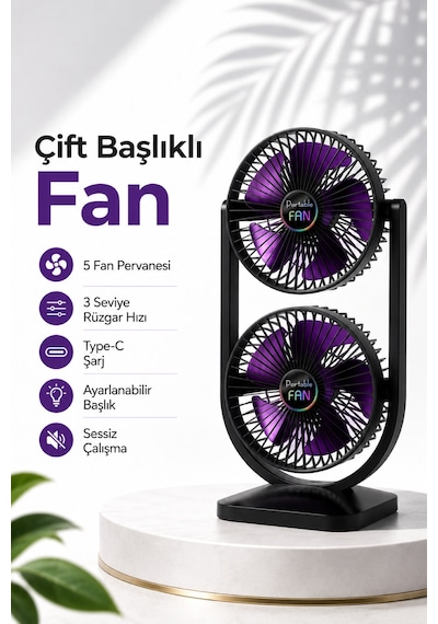 Taşınabilir Çift Başlıklı Sessiz Vantilatör Type-c Girişli, 3 Kademeli Mini Fan