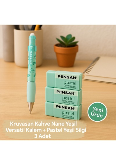 Kruvasan Kahve Yeşil Versatil Kalem + Pastel Yeşil Silgi 3 Adet Nane Yeşil
