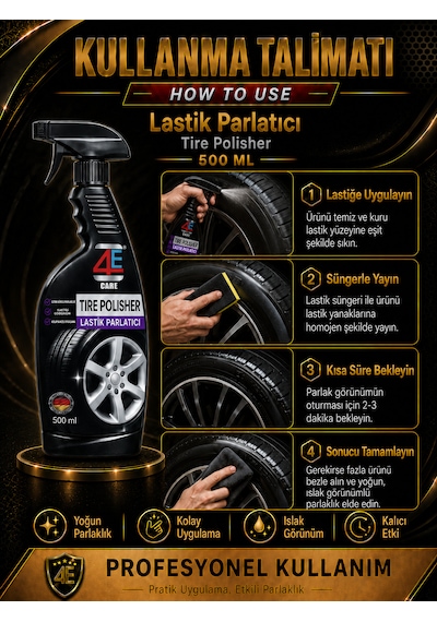 4e Care Lastik Parlatıcı 500 Ml Islak Görünüm Uzun Süre Etkili Lastik Süngeri li