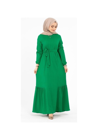 Sevitli Beli Kemerli Bürümcük Elbise - Yeşil-1416-kiremit Kiremit Sevitli Beli Kemerli Bürümcük Elbise - Yeşil-1416-kiremit Kiremit